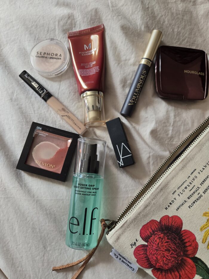 concealer, bb cream, mascara, highlighter, finishing powder, lipstick, and finishing spray