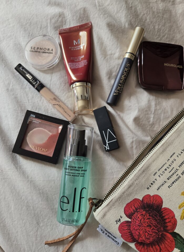 concealer, bb cream, mascara, highlighter, finishing powder, lipstick, and finishing spray