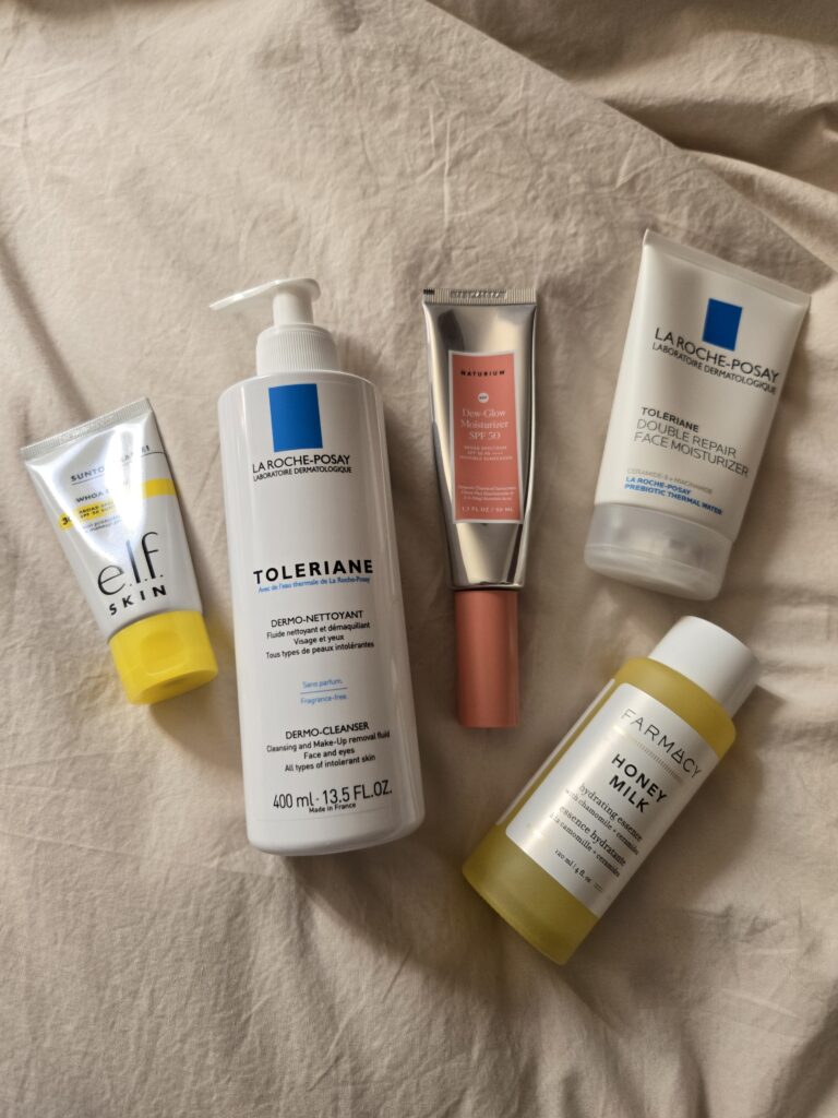 sunscreen, cleanser, essence, and moisturizer