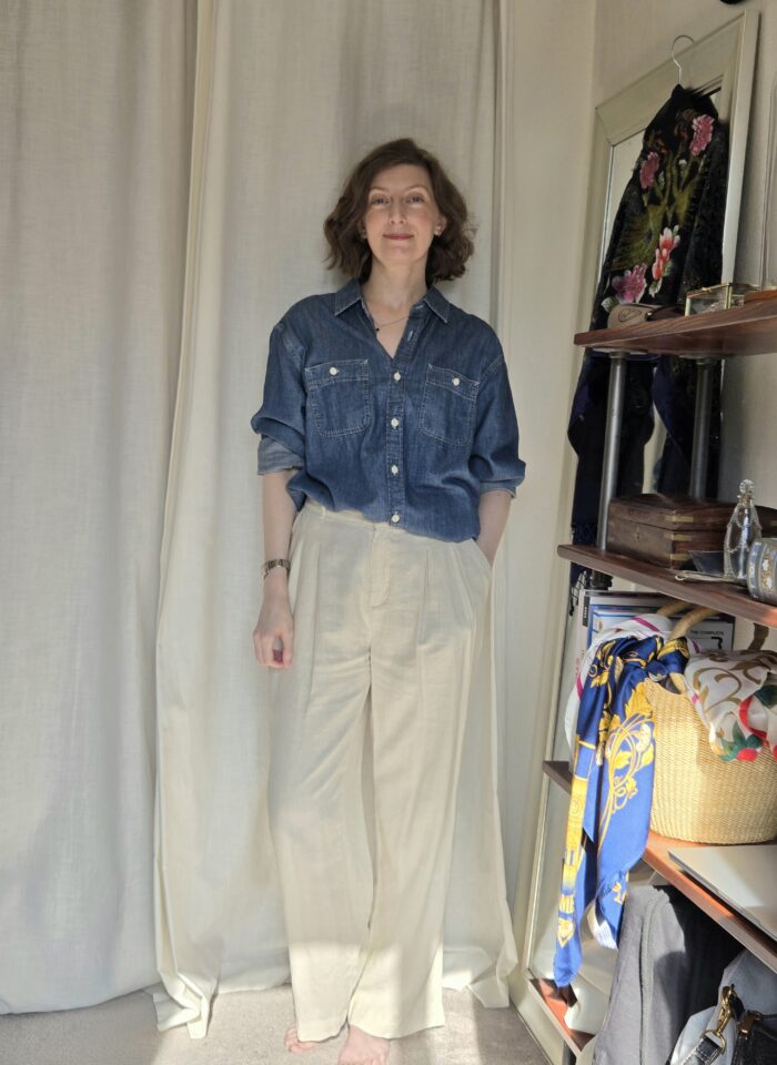 denim shirt with ivory pants